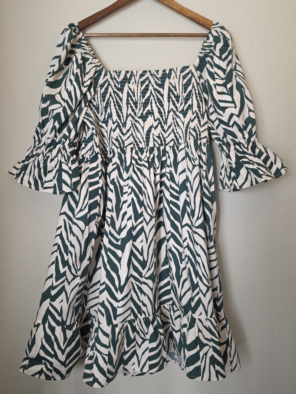 ELOQUII Elements Zebra Print Puff Sleeve Mini Dress Womens 20 Green Ivory Boho